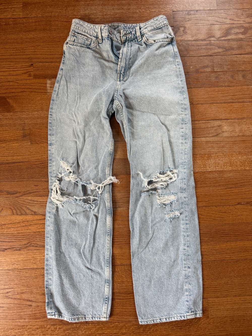 H&M Light Blue Distressed Straight-Leg Jeans